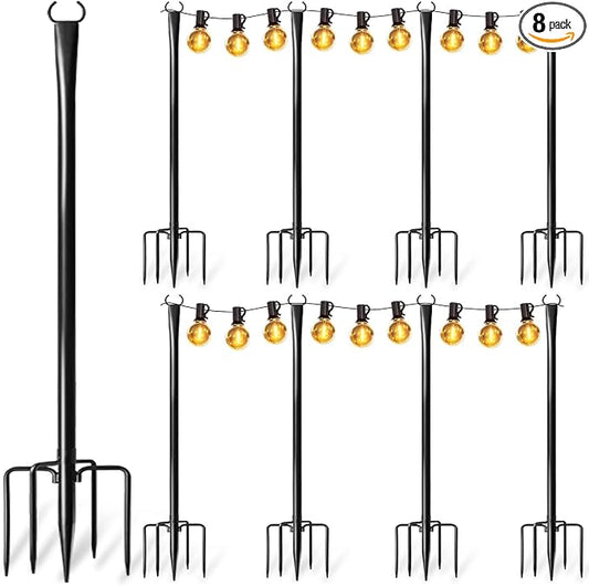 8 Pack String Light Poles for Outside, Upgraded Heavy-Duty Metal Poles for Outdoor String Lights with Fork, Adjustable Lighting Hanging Accessories for Patio Decor Pergola Backyard Garden Decorations