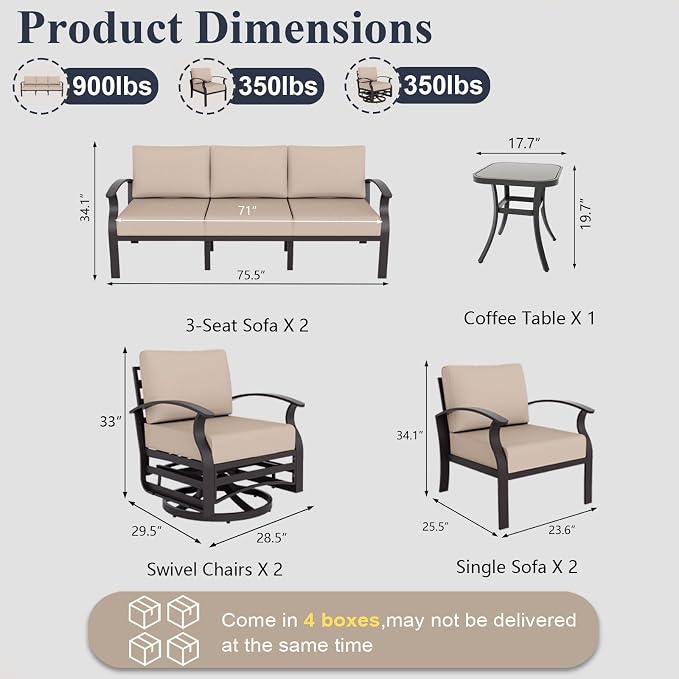 ALAULM Aluminum Patio Furniture Set with 2 Swivel Chairs 10-seat Metal Outdoor Furniture Patio Sectional Sofas Patio Conversation Set w/5.1" Cushions for Patio, Backyard, Poolside-Sand