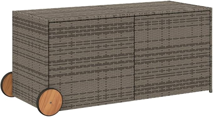 Large 74.8 Gal Outdoor Storage Box with Wheels, Gray PE Rattan Patio Furniture for Cushions Blankets, Waterproof Garden Deck Box with Gas Spring Lid & Steel Frame, Easy Assembly