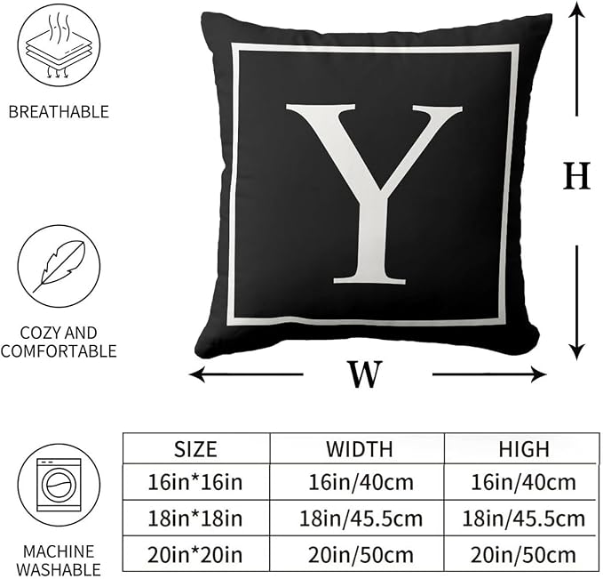 Monogram Initial Classical Black Outdoor Pillow Covers 20 x 20inches Decorative Pillow Case for Sofa Couch Bed (Pillow Insert Not Include)
