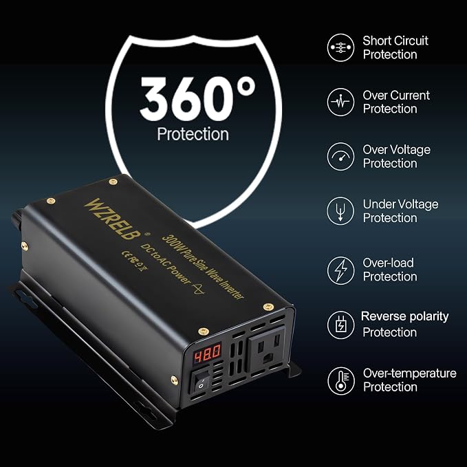 WZRELB 300W Pure Sine Wave Inverter 600W Peak DC 12V to 110V AC Power Converter Off Grid LED Display with Remote Controller