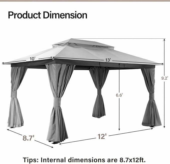 LAUSAINT HOME Patio Gazebo 10'x13', with 50ft Lights Outdoor Heavy Duty Party Tent Shelter with Double Roofs, Mosquito Nettings and Privacy Screens for Backyard, Garden, Lawn, Gray