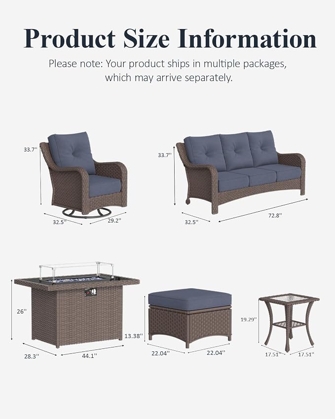 LayinSun 7 Piece Wicker Outdoor Furniture Set with 6-inch Comfy Cushions, High Back Patio Furniture Set with Swivel Rocking Chairs and Fire Pit Table
