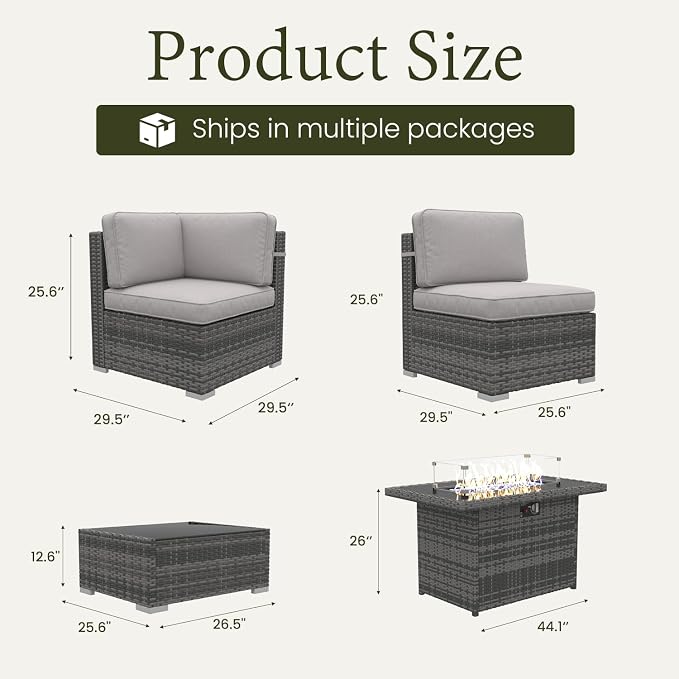 LayinSun 8 Piece Patio Furniture Set with 44" Propane Gas Fire Pit Table, Outdoor Sectional Conversation Set Wicker Rattan Sofa Set with Coffee Table