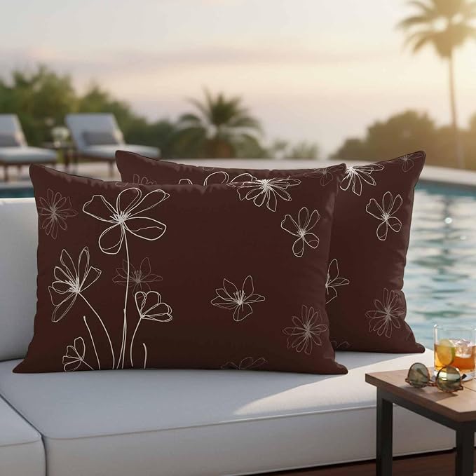 Lumbar Pillow Covers 20x12 Inch Set of 2, Brown Waterproof Outdoor Pillow Covers, Spring Flora Decorative Cushion Pillowcases for Couch, Sofa, Bed, Garden, Patio