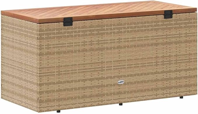 Outdoor Storage Bench with Cushion Box, 43.3"x19.7"x21.3" Patio Furniture, PE Rattan & Acacia Wood Garden Seat, Multi-Functional Deck Box for Pillows Blankets Cushions