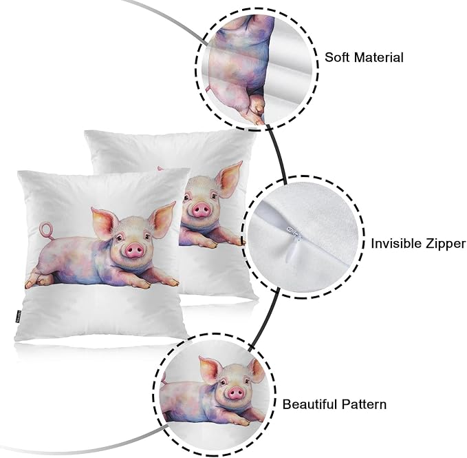 Swono Pig Throw Pillow Case, Cute Piggy Square Home Decorative Cushion Cover for 18 X 18 Inches Pillow Covers, Farm Pig Pink 2 Pack Pillowcases for Bedroom Office Dorm Couch