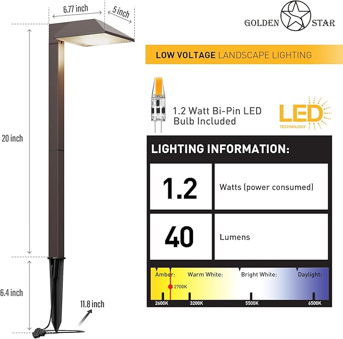 GOLDEN STAR Low Voltage Pathway Lights 1.2W Replaceable G4 LED 8PK Outdoor Landscape Lighting 40 Lumen Warm White Waterproof Garden Lights for Walkway Yard, Lawn Driveway with Easy Install Connectors