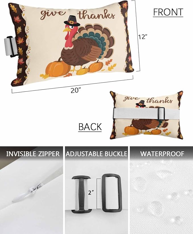 Outdoor Pillows Covers with Inserts Give Thanks Pumpkin Turkey Maple Leaf Border Waterproof Recliner Pillow with Adjustable Strap Throw Pillows for Patio Furniture Pool Lounge Chair, 12x20 inch, 1PCS