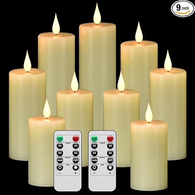 Hanzim Flameless Flickering Battery Operated Candles 9PACK Real Wax Pillar LED Candles with 10-Key Remote Control and 24 Hours Timer for Wedding, Party, Home Decoration (Ivory)