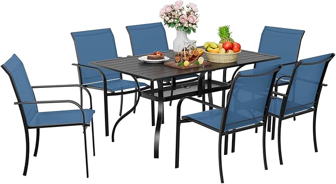 7-Piece Patio Dining Set,6 Person Outdoor Table and Chairs Set, 6 Metal Dining Chairs and Rectangular Outdoor Table with 1.57" Umbrella Hole,Blue