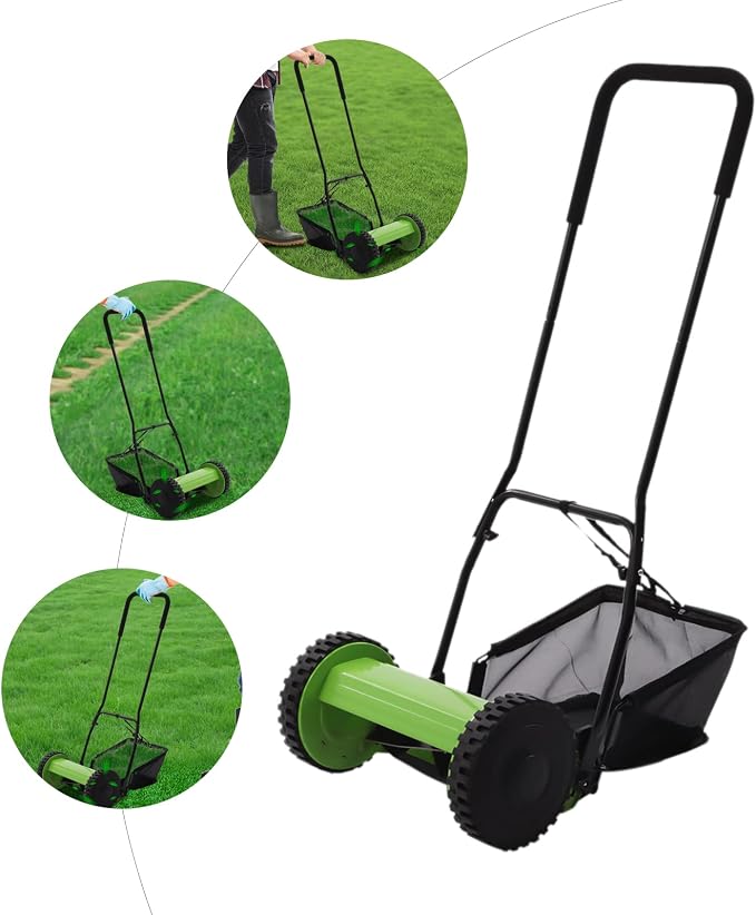5 Steel Blades About 6 Gallons Large Capacity Manual Push Mower, Dual Wheel Lawn Mower Hand-Powered Clipper Walk-Behind Trimmer with Adjustable Height for Garden Yard Lawn Care