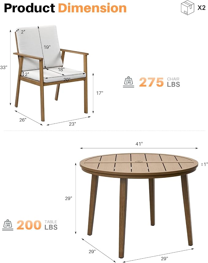 5-Piece Outdoor Patio Dining Set, Aluminum Round Dining Table with 4 Dining Chairs, Never-Rust Round Outdoor Dining Set, Patio Dining Table Set for Yard, Deck, Garden, Teak