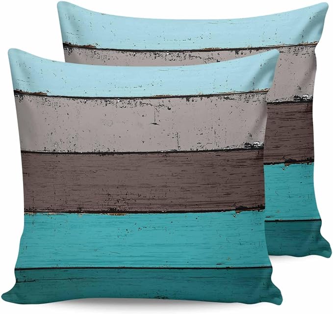 Outdoor Throw Pillow Covers 20X20 Set of 2 Waterproof Ombre Peacock Blue Gray Decorative Zippered Cushion Covers for Patio Furniture, Farmhouse Retro Rustic Barn Wood Texture Lumbar Pillowcases
