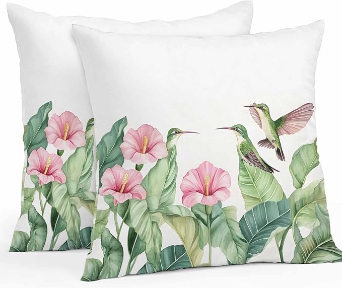 Tropical Plants Waterproof Outdoor Pillow Covers Set of 2 Home Decor, Summer Spring Flowers Palm Leaves Birds Pillowcase Patio Pillow Covers for Couch Bench Furniture Garden 16x16in