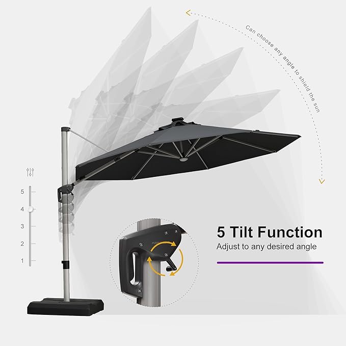 PURPLE LEAF 11ft Patio Umbrella with Lights Outdoor Round Cantilever Solar Powered LED Umbrella with 360-degree Rotation for Garden Deck Pool Patio, Grey