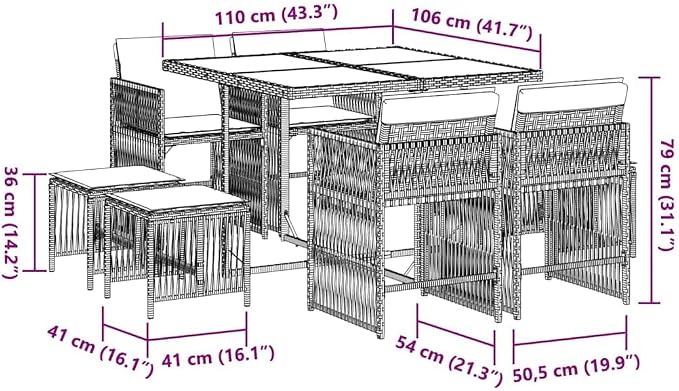 9-Piece Garden Dining Set, Black Poly Rattan Outdoor Furniture with Tempered Glass Table and 8 Cushioned Chairs, Space-Saving Foldable Patio Set for Backyard and Deck