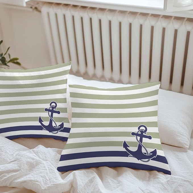 Throw Pillow Covers 26x26 Inch Set of 2, Striped Anchor Waterproof Outdoor Cushion Covers, Navy Blue Nautical Sage Green Geometric Decorative Pillowcases for Couch, Sofa, Bed, Garden, Patio