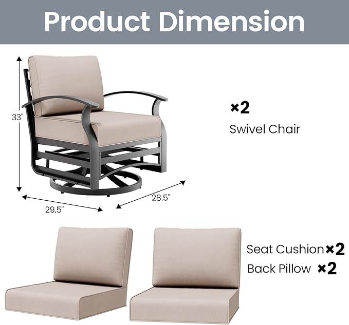 Outdoor Patio Furniture Set, 2 Piece Aluminum Patio Swivel Rocker Chairs, Aluminum Outdoor Bistro Set with Overstuffed Washable Cushions, Outdoor Furniture Set for Porch, Balcony, Deck, Sand