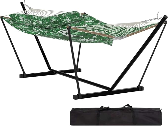 Hammock with Stand for Outside,2 Person Hammock with Heavy-Duty Steel Stand,Soft Fabric,450 LBS Capacity,Carrying Bag,Indoor Outdoor Hammocks for Patio Balcony and Garden,Green