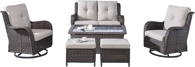 Rilyson 6 Piece Outdoor Patio Furniture Set - Rattan Wicker Patio Conversation Sets with 2 Swivel Rocker Chairs,2 Ottomans,1 Loveseat and 1 Coffee Table for Outside Porch Deck Backyard(Brown/Beige)