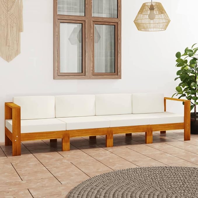 4-Seater Patio Sofa with Cream White Cushions,Outdoor Couch,Patio Bar Set,Modern Outdoor Furniture,Dining Bench with Back,Bistro Set,for Patio Deck Garden,Backyard & Lawn,Solid Acacia Wood