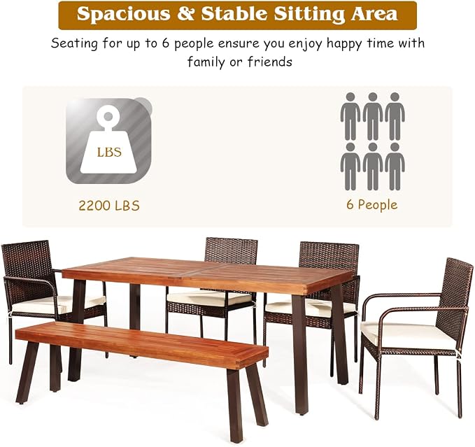 Tangkula 6 Piece Acacia Wood Patio Dining Set, Patiojoy Outdoor Wicker Furniture Set w/Bench, 4 Cushioned Rattan Chairs & Wood Table with Umbrella Hole, Ideal for Backyard Garden Porch