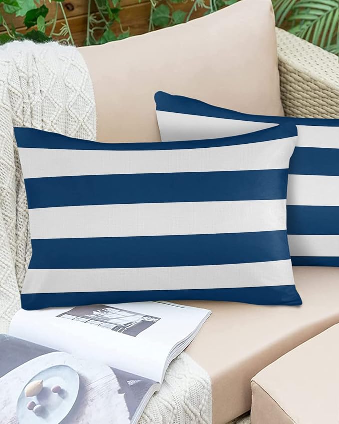 Outdoor Waterproof Throw Pillow Covers Set of 2 Navy Blue White Stripe Lumbar Pillowcases 20x12 Inches Simple Style Striped Decorative Pillows Cushion Case Patio Pillows for Couch Bed Chair Garden