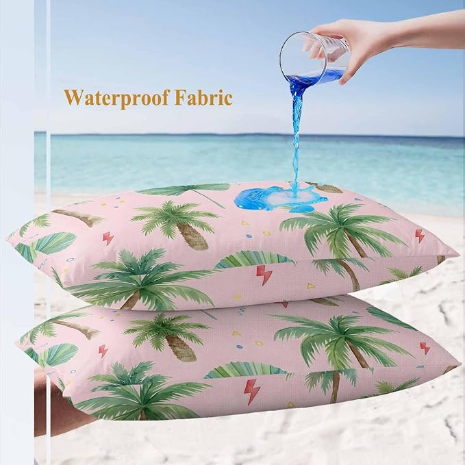 Yukro Tropical Palm Tree Outdoor Waterproof Pillow Covers Pack of 2, Lightning Summer Pink Boho Throw Pillowcases Decorative Cushion Covers for Garden Patio Tent Sofa Couch, 20x12 inch