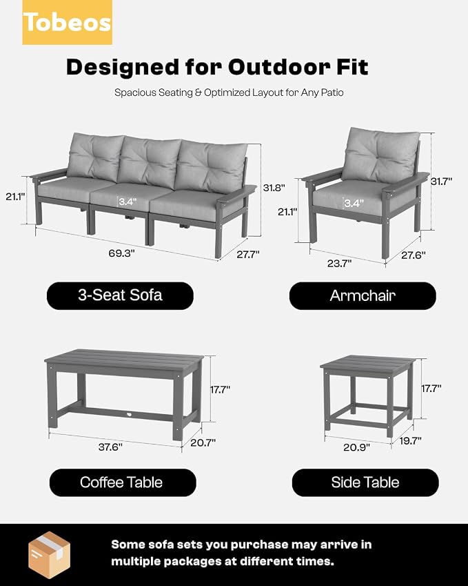HDPE 7 Piece Patio Furniture Set, All-Weather Outdoor Couch Set with Thick Cushions & Table & Umbrella, Patio Conversation Sets for Lawn, Garden, Porch, Balcony, Deck, Poolside, Grey & Grey