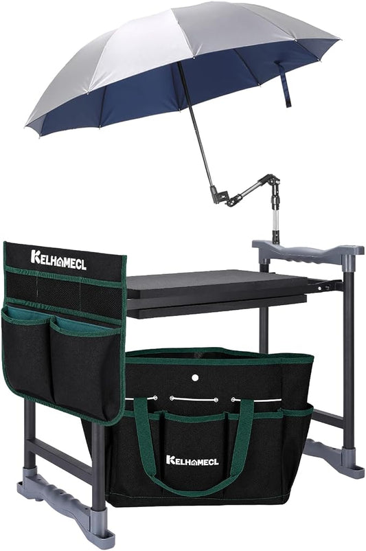 Garden Kneeler and Seat with Umbrella,Heavy Duty Gardening Bench and Stool | 2-in-1 Foldable Gardening Stool with Adjustable Bracket，Detachable Tool Bags，Gardening Gifts for Women Mom Men Seniors