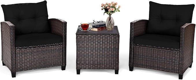 DORTALA Wicker Patio Furniture Set 3 Piece, Outdoor Table and Chairs with Tempered Glass Tabletop, Cushions, Small Rattan Conversation Sofa Set for Balcony, Porch, Backyard, Deck, Black