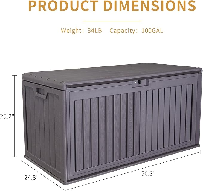 100 Gallon Resin Outdoor Deck Box Waterproof, Plastic Patio Storage Box with Side Handles, Lockable Storage Containers for Patio Furniture Cushions, Pool Accessories, Garden Tools Brown