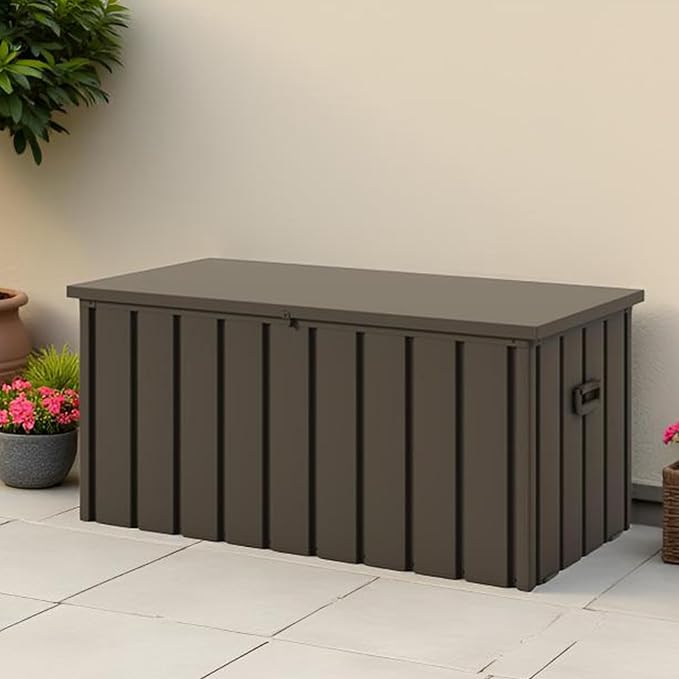 120 Gallon Metal Deck Box, Outdoor Storage Box Waterproof with Wheels, Lockable Storage Container for Patio Furniture Cushions Garden Tools, Dark Brown