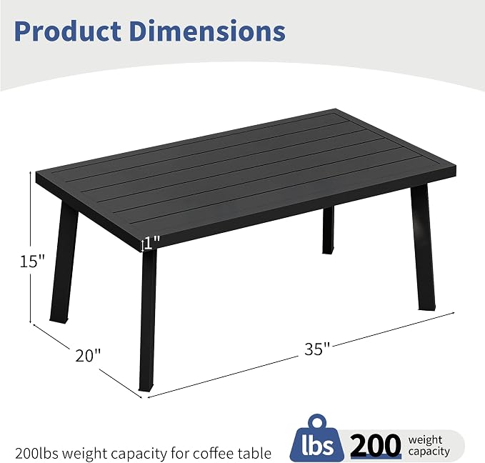 Outdoor Coffee Table, Never-Rust Aluminum Patio Table with Wood Grain Texture, Modern Rectangle Slatted Garden Side Table for Porch, Deck, Balcony, Indoor & Lawn (Black)