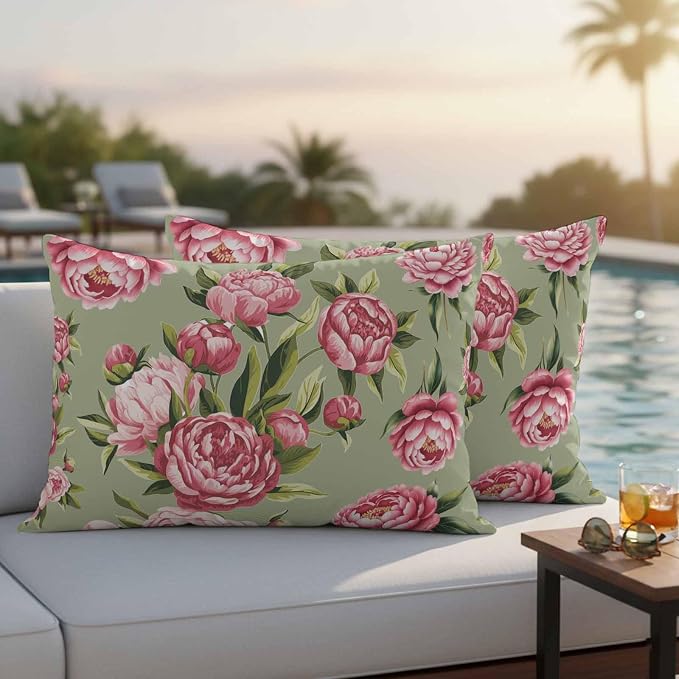 Flowers Vintage Outdoor Pillow Covers 20x12 Inch Lumbar Pillow Covers Set of 2 Waterproof Decorative Throw Pillow Cases Green Leaves Pastoral Floral Country Cushion Covers for Patio Furniture Garden