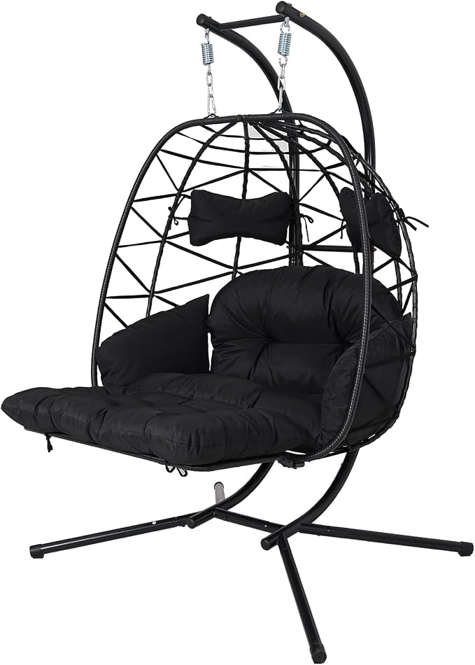 Double Egg Hammock Chair with Stand, Swing Egg Chair, Wicker Hanging Chair with Washable Cushion - Sturdy Metal Stand, 600lbs Capacity for Indoor Outdoor Patio Living Room Etc (Black+Black)