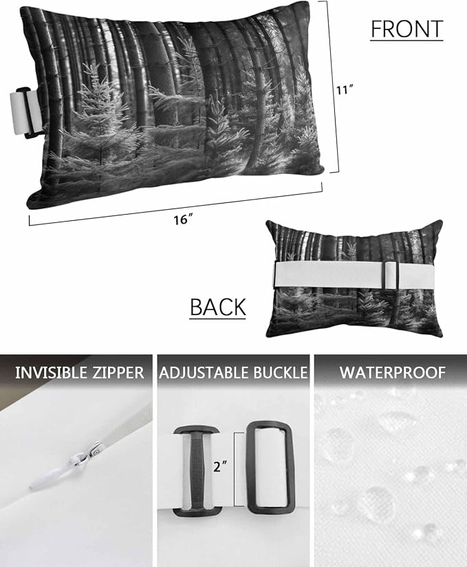 2 Pack 11x16 Chaise Lounge Outdoor Pillows Covers Waterproof, Black Pine Trees Adjustable Headrest Pillowcase, Summer Forests Decorative Neck Pillow for Recliner Office Chair