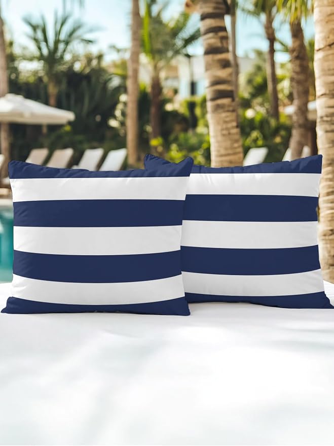 Waterproof Outdoor Pillow Set of 2 Navy Blue Stripe Decorative Throw Pillows Cover & Insert 16x16 Inch Pillowcase Simple Style Striped Square Pillows for Couch Sofa Bed Patio Furniture Indoor Outdoor