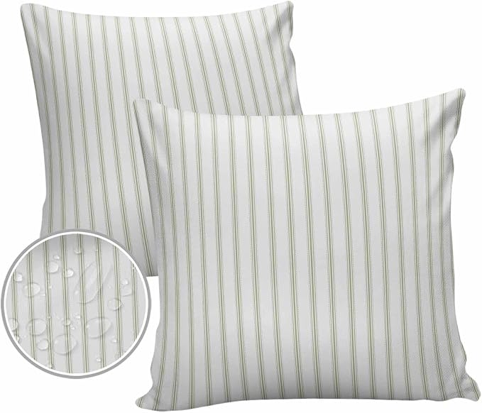 Outdoor Waterproof Throw Pillow Covers Set of 2 Sage Green Stripes Pillowcases 16x16 Inches Vertical Striped Patio Decorative Pillows Cushion Case Patio Pillows for Couch Bed Chair Garden