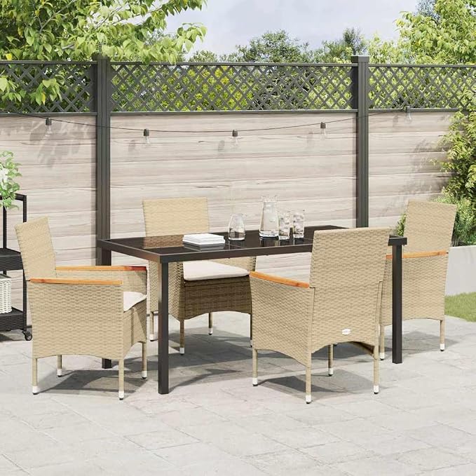 5 Piece Outdoor Dining Set, Beige Poly Rattan Patio Table and 4 Chairs, Garden Furniture Set with Washable Cushions and Tempered Glass Tabletop