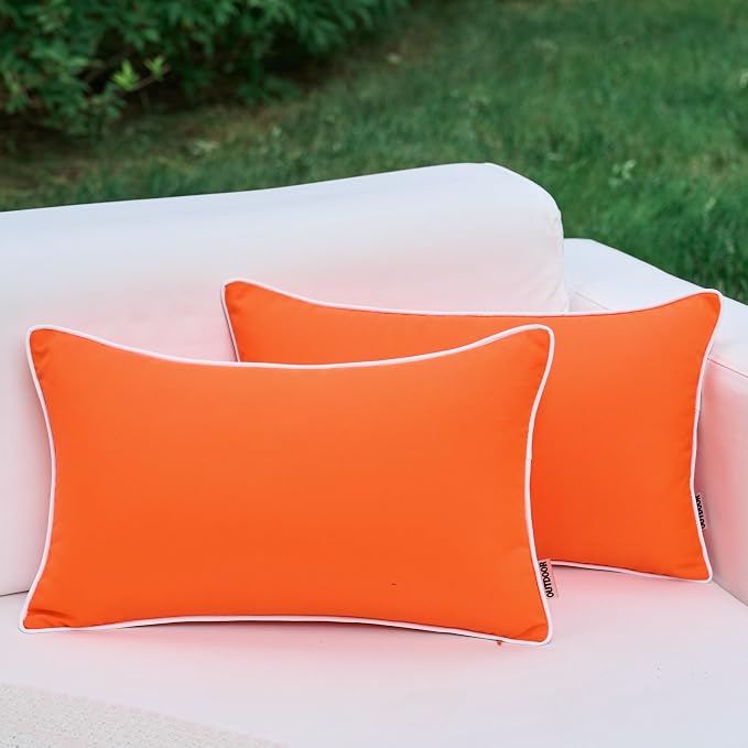 LIGICKY Pack of 2 Orange Outdoor Waterproof Throw Pillow Covers Decorative White Edge Rectangle Pillows Cushion Case Outside Pillowcase for Patio Couch Tent Sunbrella Fall((12x20 inch)
