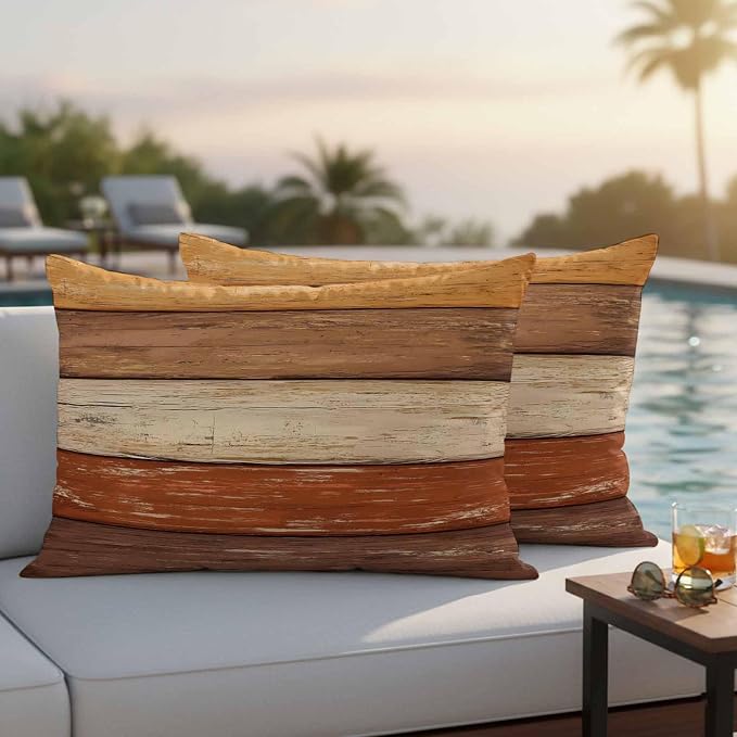 Farmhouse Burnt Orange Brown Outdoor Waterproof Pillow Covers, Vintage Wooden Striped Decorative Rectangle Throw Pillowcase Sofa Cushion Sham for Patio/Couch/Chair, 20"x12" 2 Pack