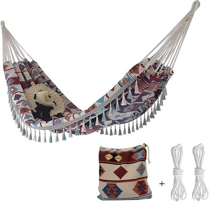 Double Boho Macrame Hammock with Tassels, Portable Patio Hammock with Carry Bag for Poolside, Camping, Porch Patio, Bedroom, Balcony, Outdoor＆Indoor（59''*79''）