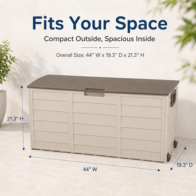 75 Gallon Resin Deck Box, Waterproof Outdoor Storage Box with Wheels, Lockable Lid and Handles, Large Deck Storage for Outdoor Gear, Patio Furniture Cushion, Gardening Tools, Brown