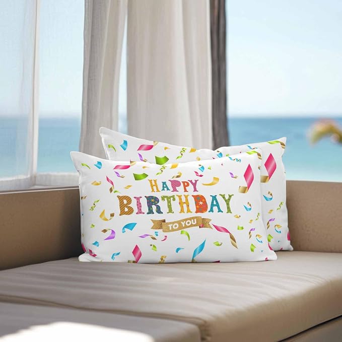 Vandarllin Outdoor Throw Pillows Covers 20x12 inch Set of 2 Waterproof Happy Birthday Decorative Zippered Cushion Covers for Patio Furniture, Colorful Ribbon Celebration Lumbar Pillowcases