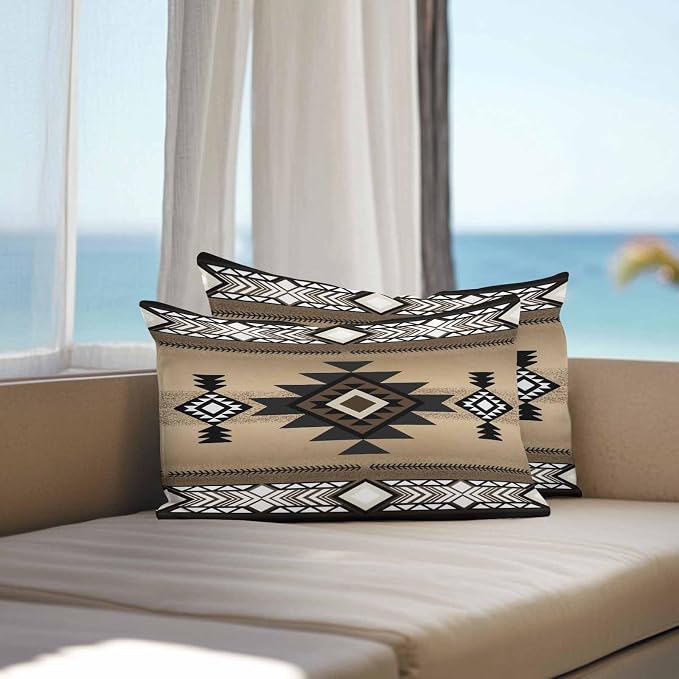 Vandarllin Outdoor Throw Pillows Covers 20x12 inch Set of 2 Waterproof Brown Tribal Style Decorative Zippered Cushion Covers for Patio Furniture, Southwest Native American Lumbar Pillowcases