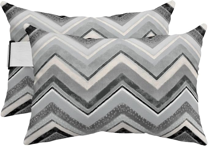 Outdoor Pillows Covers with Inserts Northern Europe Grey Geometric Wave Stripes Waterproof Recliner Pillow with Adjustable Strap Throw Pillows for Patio Furniture Pool Lounge Chair, 11x16 inch, 2PCS