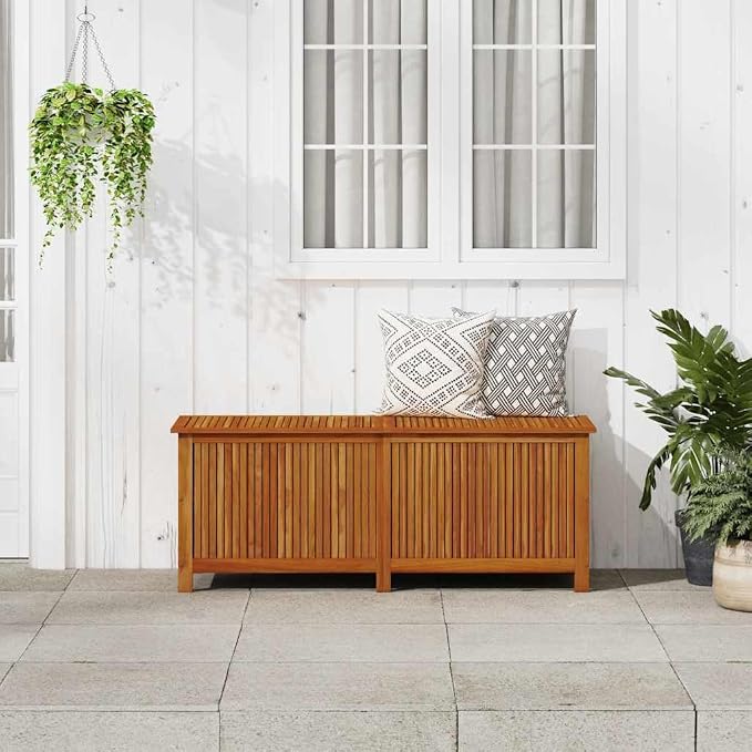 Outdoor Storage Box, 59 Inch Large Wooden Deck Box for Patio Cushions and Garden Tools, Solid Acacia Wood Storage Chest with Inner Bag for Backyard and Terrace, Brown