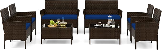 Tangkula 8 Piece Patio Rattan Conversation Set, Outdoor Wicker Furniture Set with Chair, Loveseat & Tempered Glass Table, Cozy Seat Cushions, Outside Sectional Sofa Set for Backyard, Porch